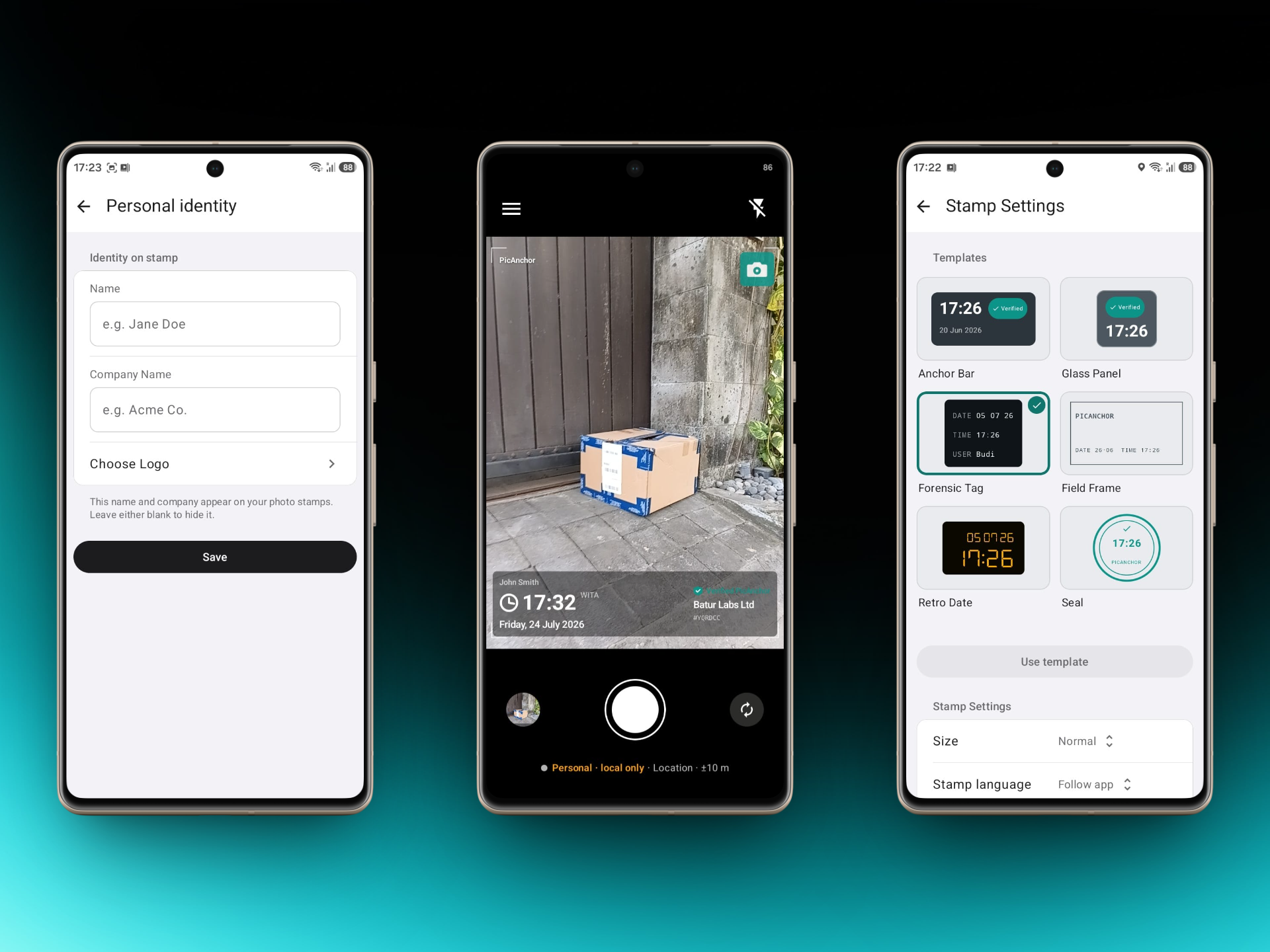 PicAnchor on Android - personal identity settings, the camera with a live stamp, and the stamp design picker.