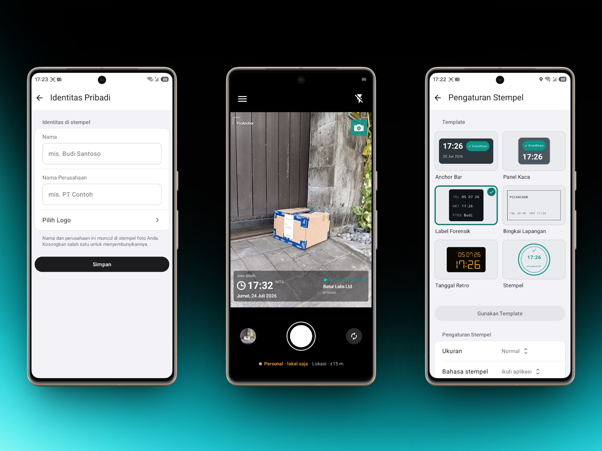 PicAnchor di Android - pengaturan identitas, kamera dengan stempel langsung, dan pemilih desain stempel.