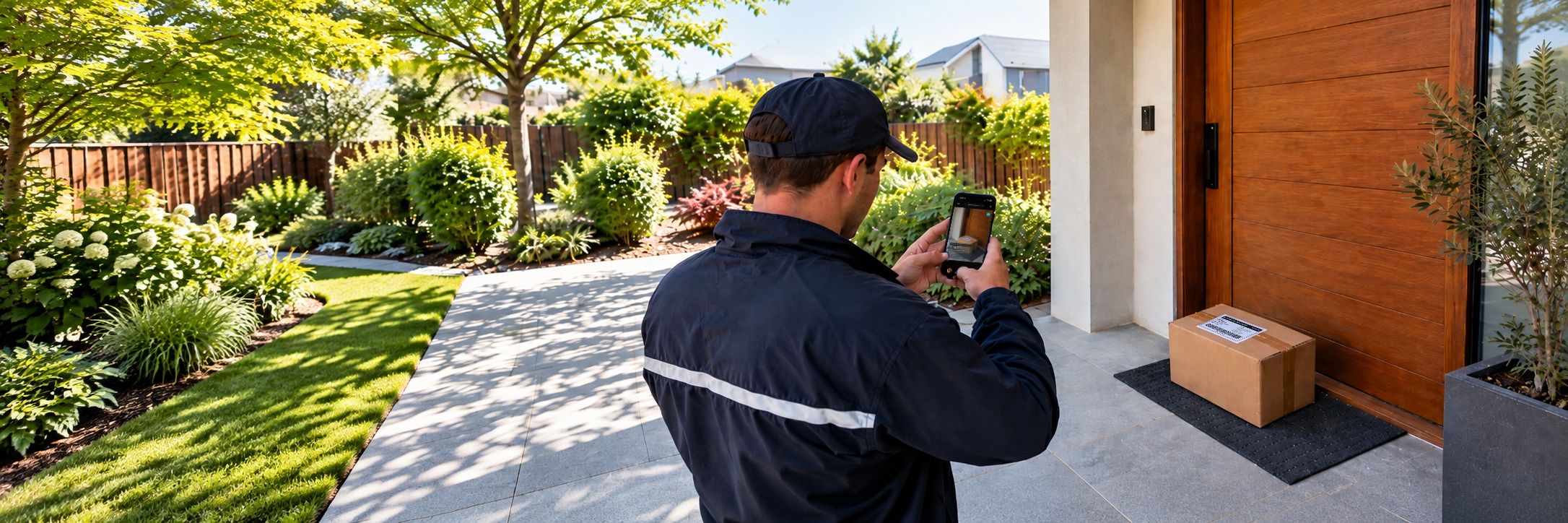 A courier photographs a parcel left on the doormat of a front door with the PicAnchor camera; the stamp on his screen reads 13:11 GMT+1, Sunday, 27 September 2026, Jonas Becker, left at front door