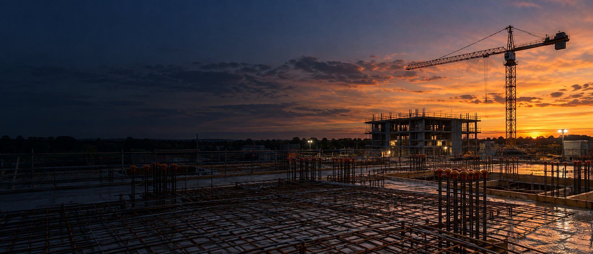 Proyek konstruksi saat matahari terbenam: tower crane, rangka beton, dan anyaman besi dengan stek bertutup