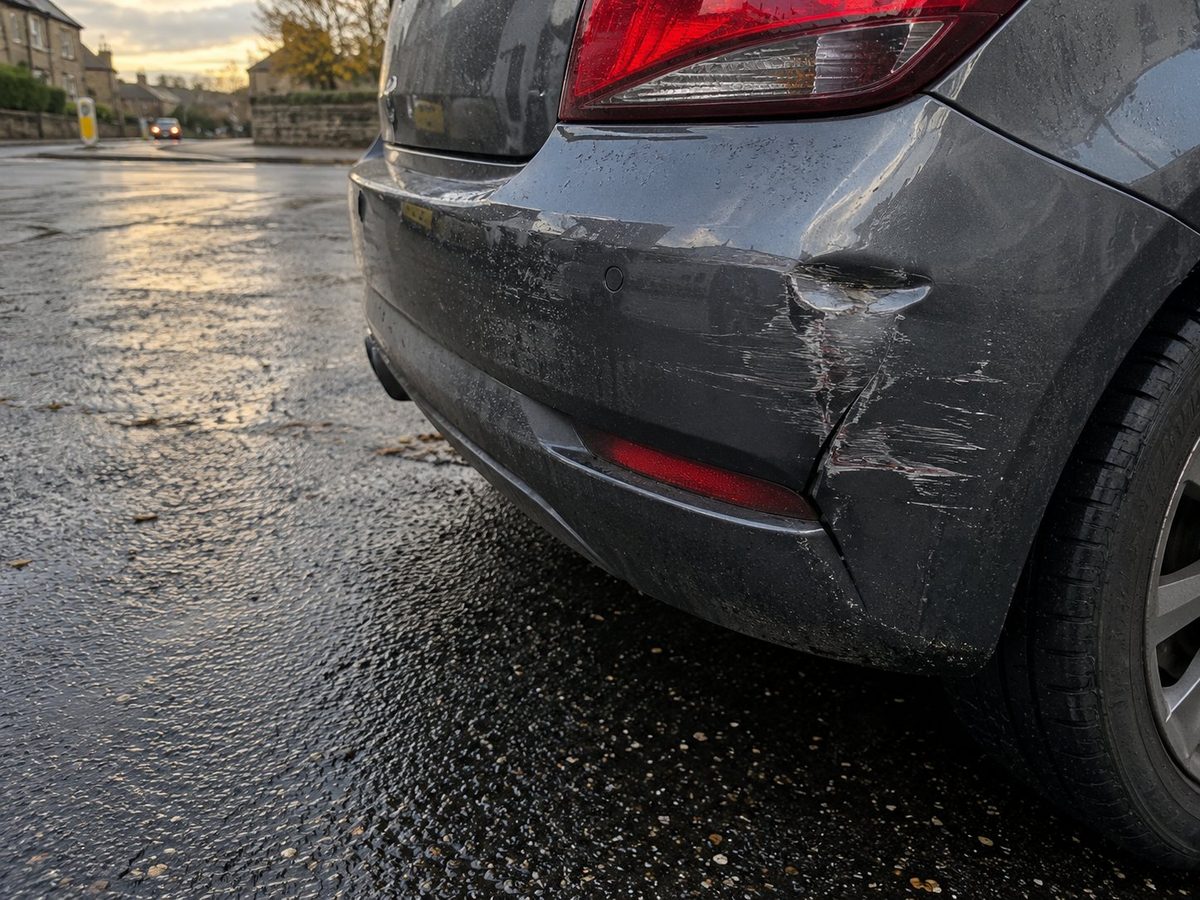 Foto dekat bemper belakang hatchback abu-abu yang retak dan tergores, di jalan basah saat matahari terbenam