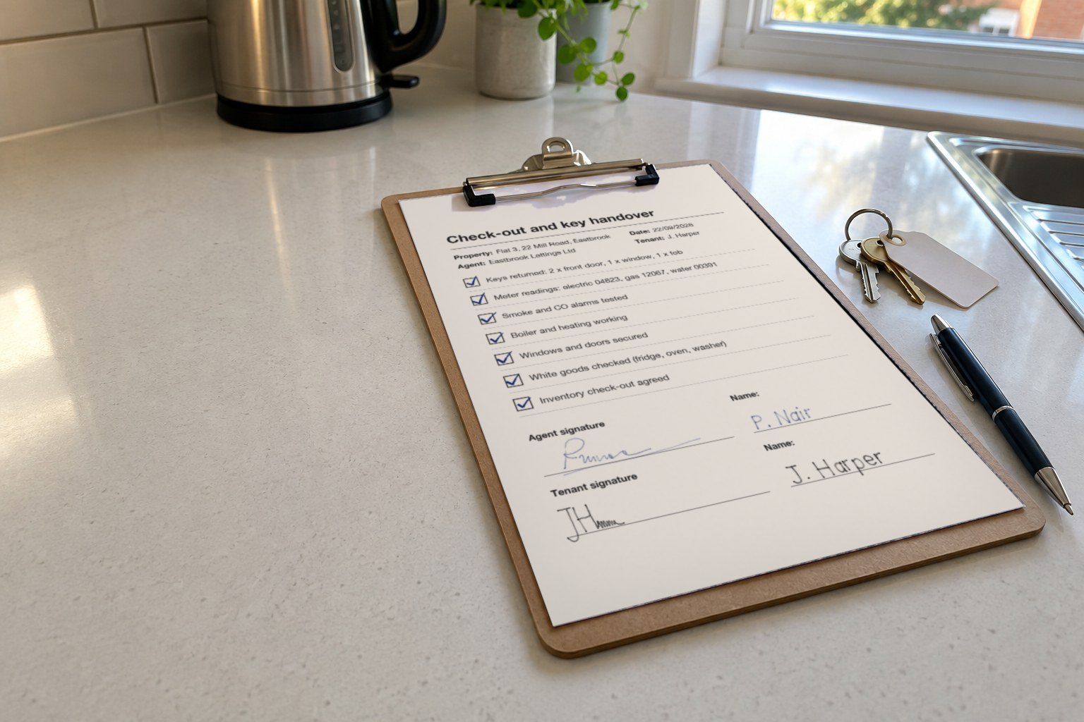 A tenancy check-out and key handover sheet on a clipboard on a kitchen counter, all seven items ticked and signed by the agent and the tenant, with a set of keys and a pen beside it